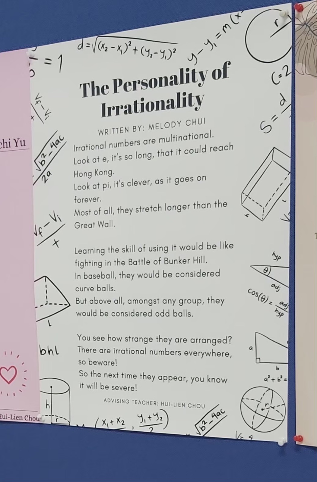 The poem &ldquo;The Personality of Irrationality&rdquo; displayed at the Numeracy Writing Award ceremony