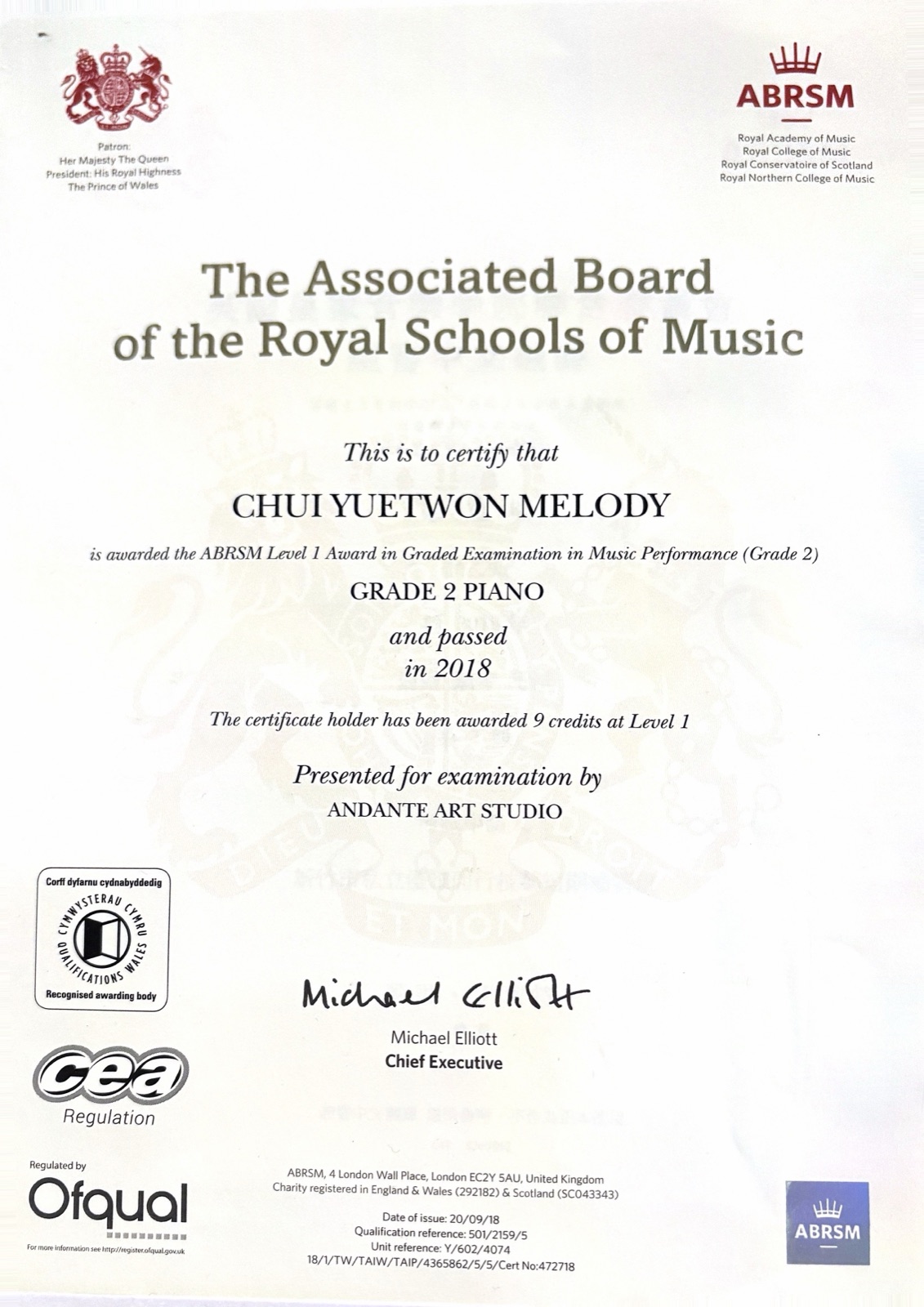 ABRSM Grade 2 Piano certificate, 2018