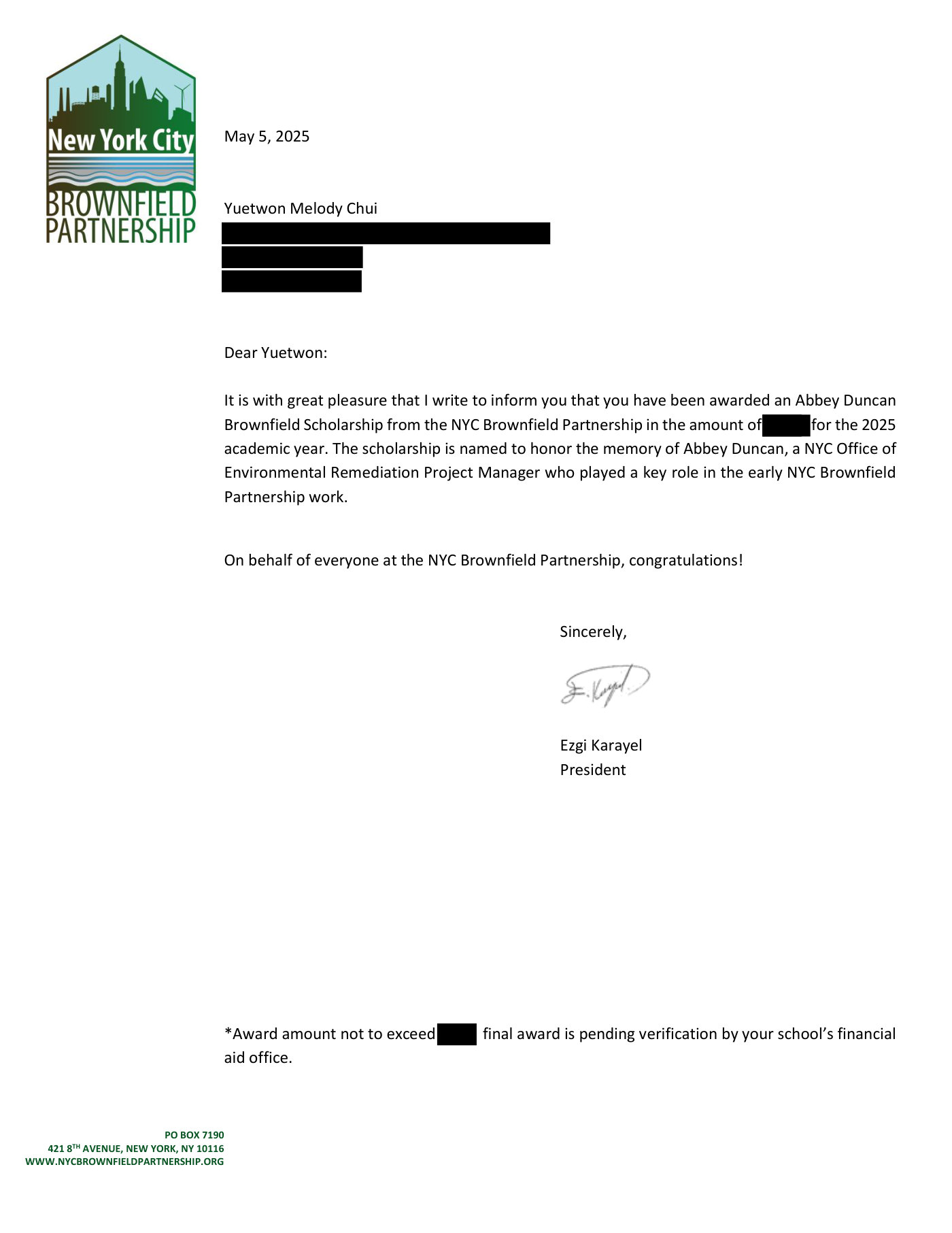 Abbey Duncan Brownfield Scholarship award letter from the NYC Brownfield Partnership