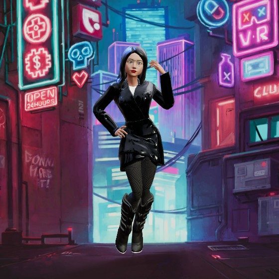 Ready Player Me avatar in a neon city