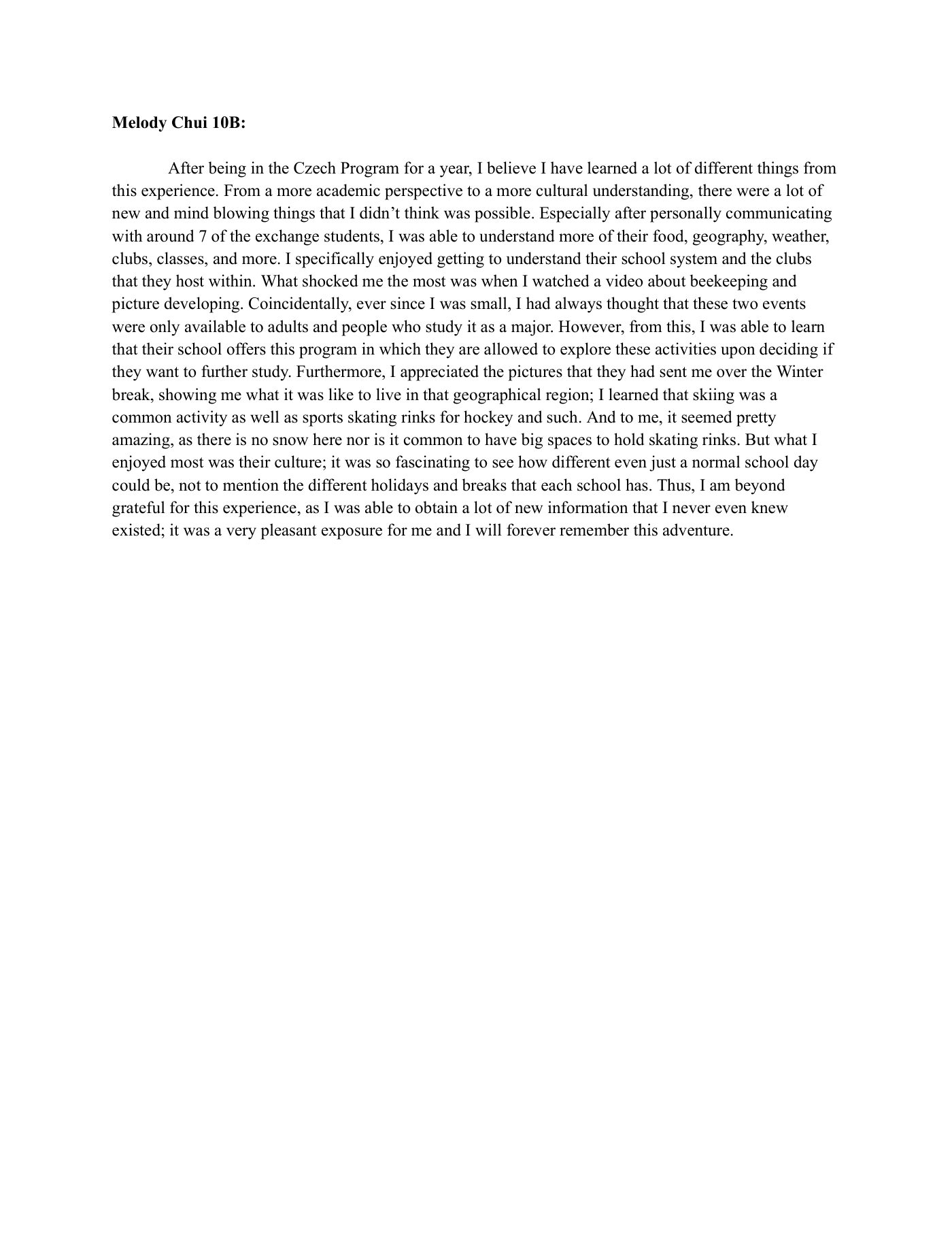 Czech Program students' review on cultural exchange