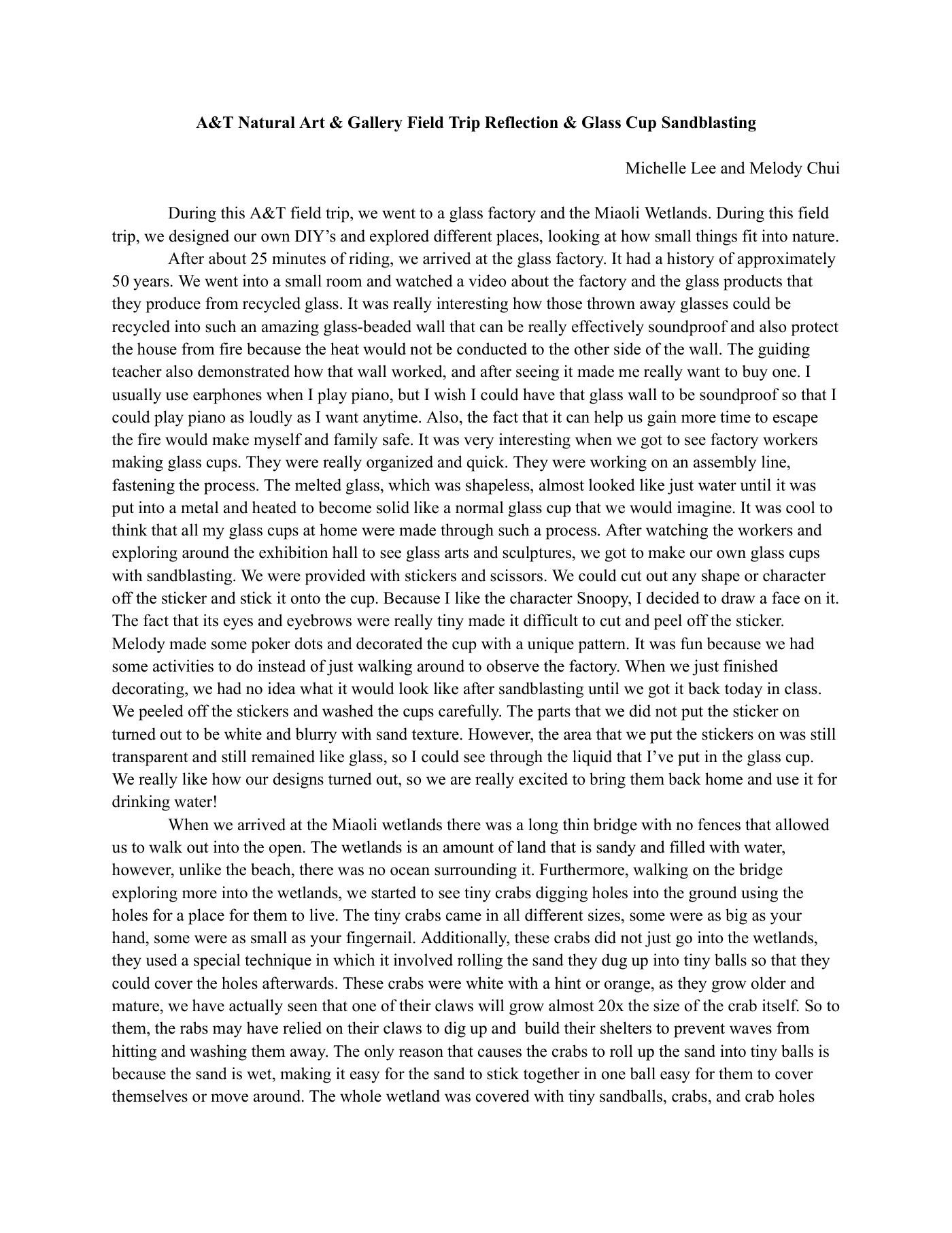 Field trip reflection and glass cup sandblasting, page 1
