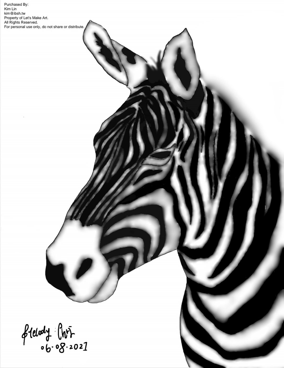 Zebra drawing, signed and dated June 2021