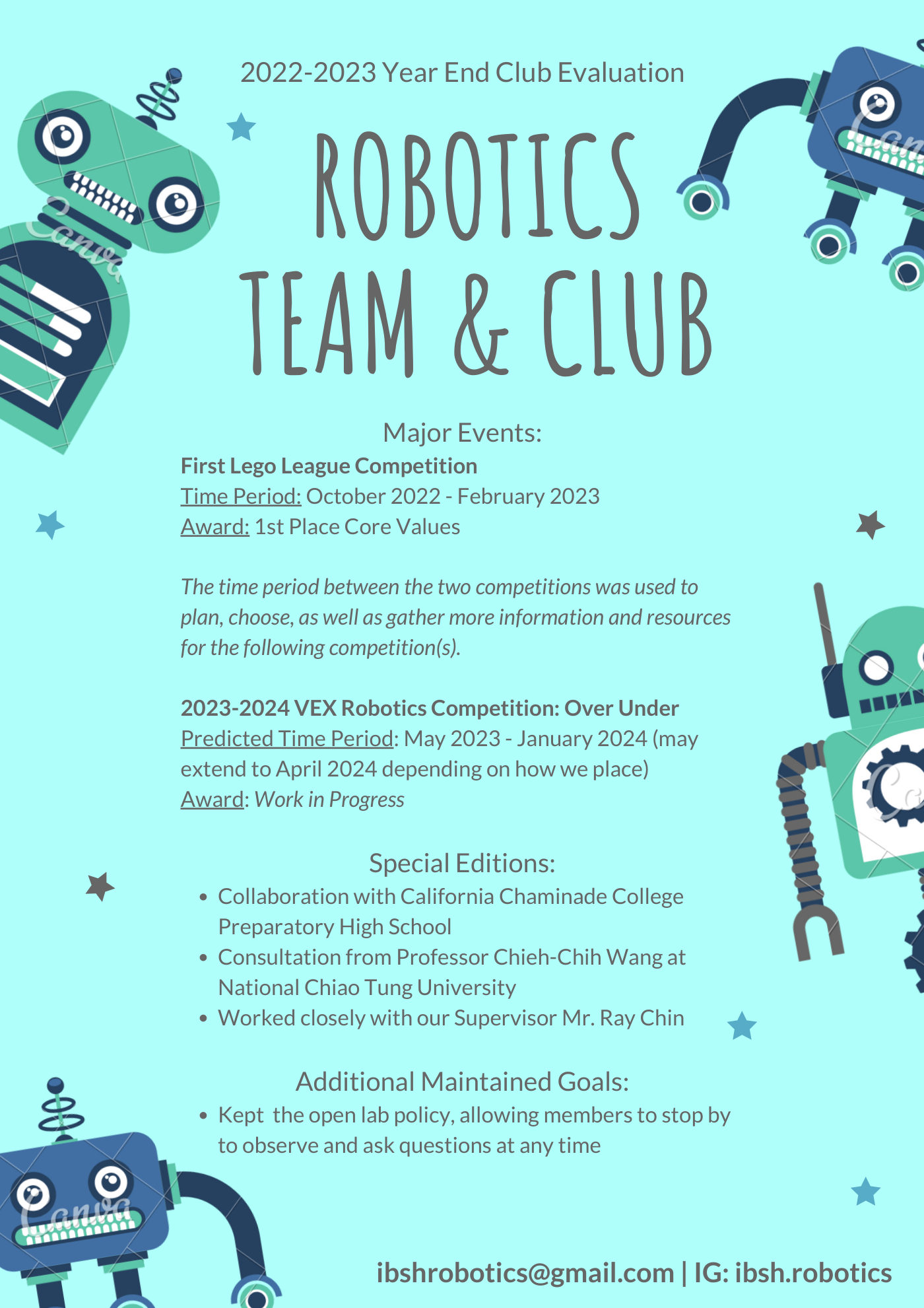 2022&ndash;2023 IBSH Robotics Team and Club evaluation summary
