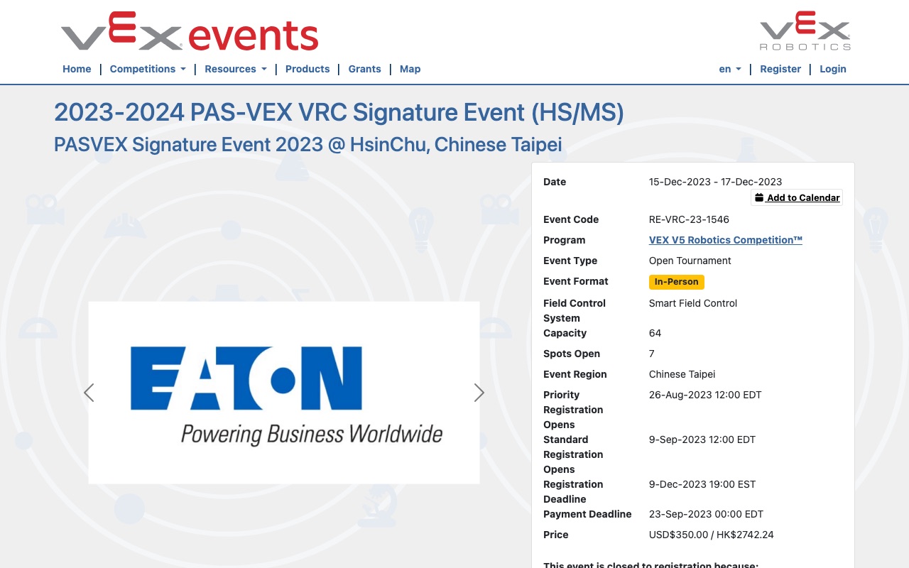 VEX Events page for the 2023&ndash;2024 PAS-VEX VRC Signature Event in Hsinchu, December 15&ndash;17, 2023