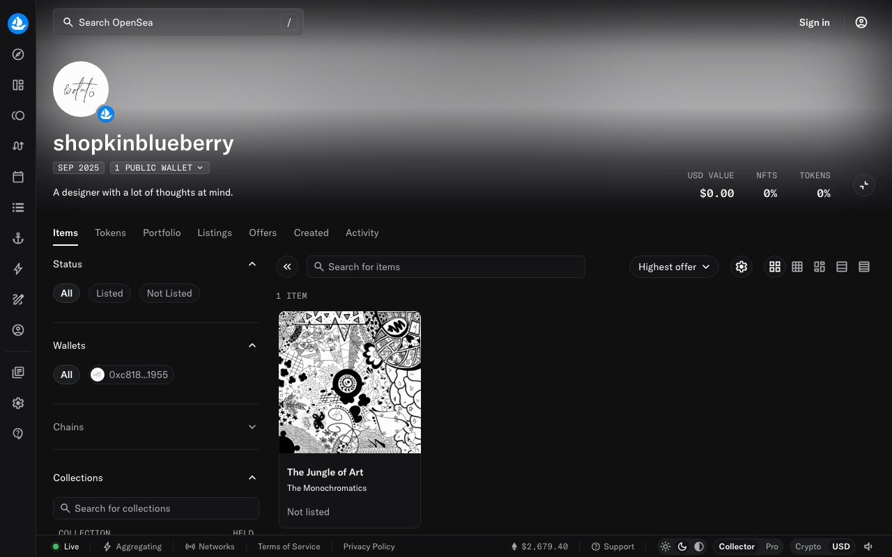 OpenSea profile for shopkinblueberry, showing the NFT The Jungle of Art from the collection The Monochromatics