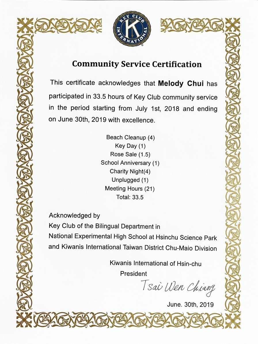 Key Club community service certification: 33.5 hours from July 2018 to June 2019, awarded to Melody Chui