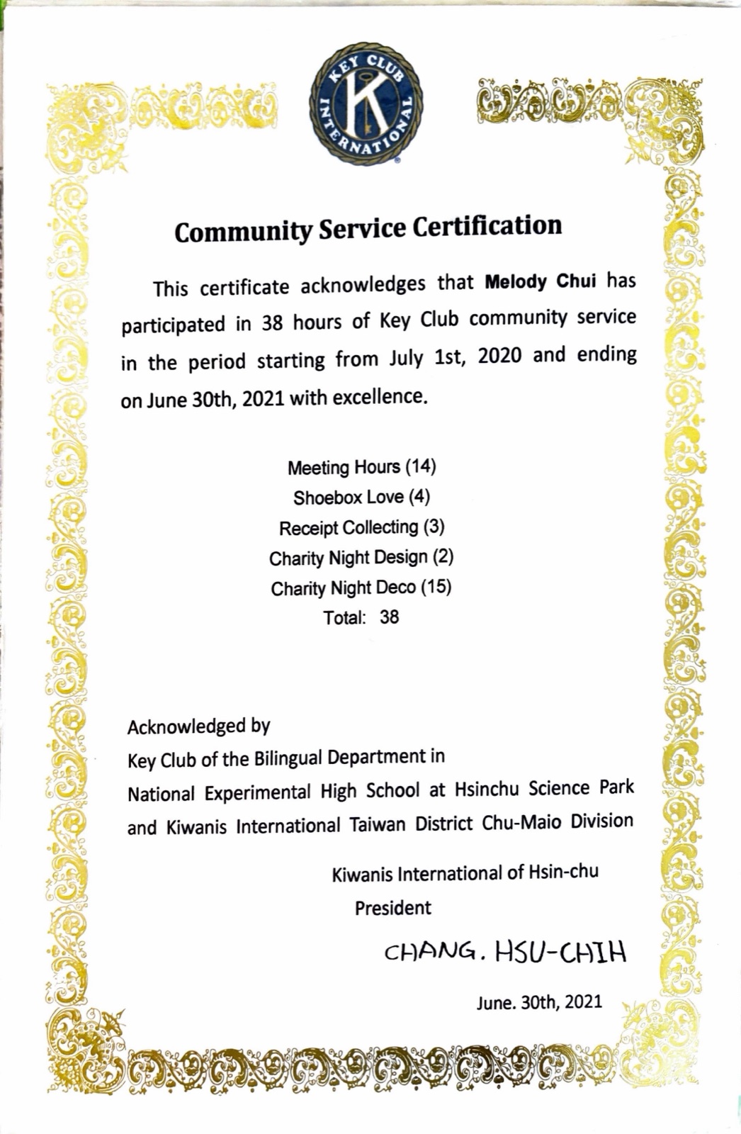Key Club community service certification: 38 hours, July 2020 to June 2021, awarded to Melody Chui
