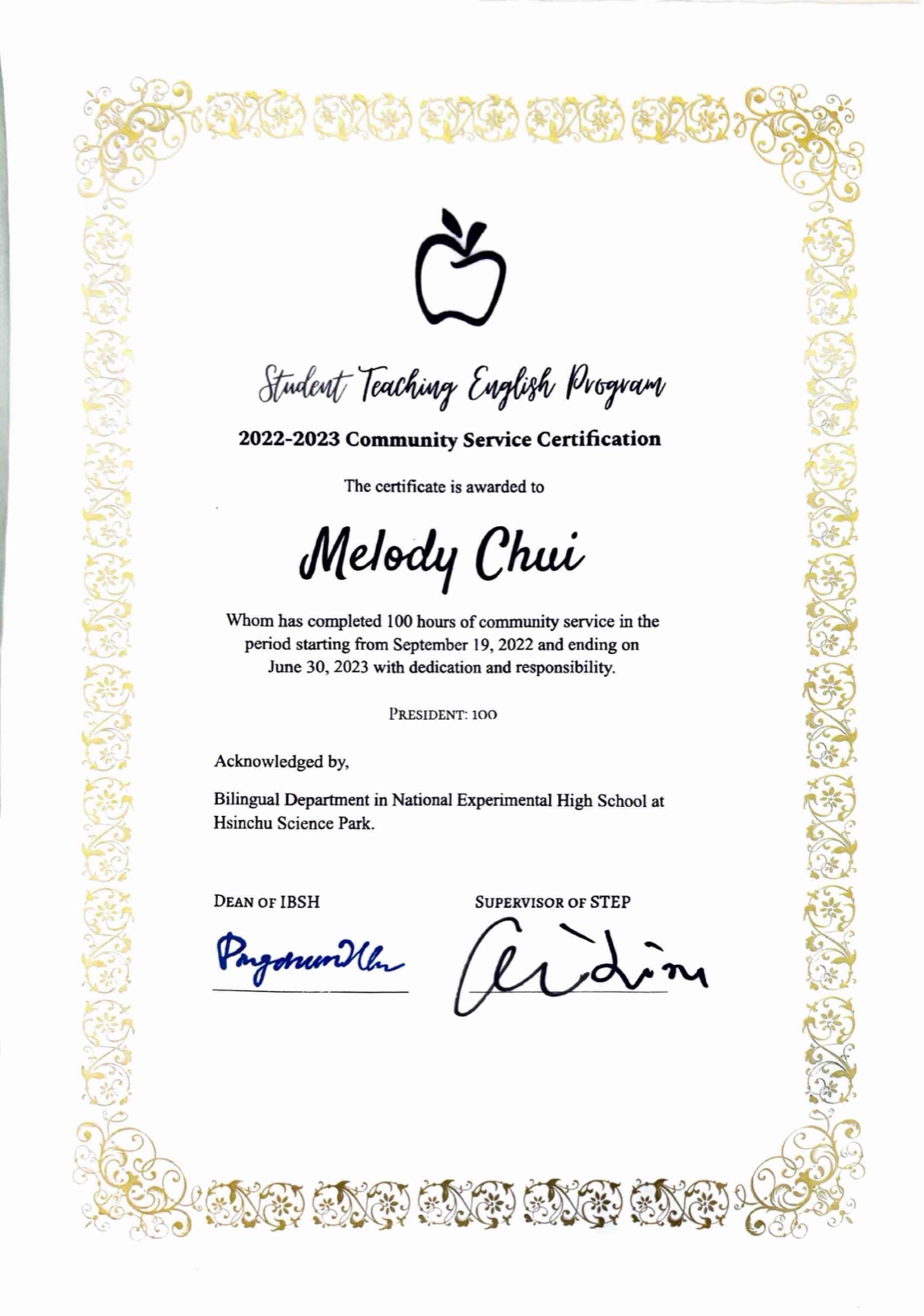 Student Teaching English Program 2022-2023 community service certification: 100 hours as president