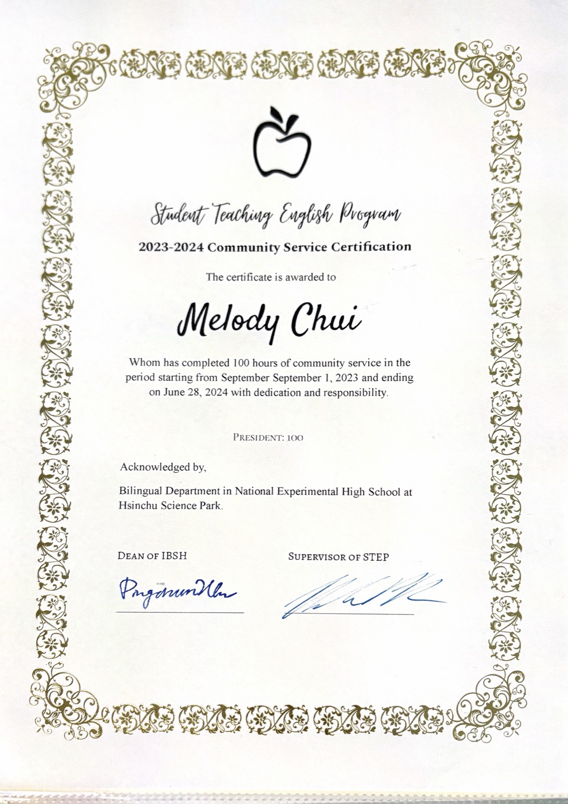 Student Teaching English Program 2023-2024 community service certification: 100 hours as president