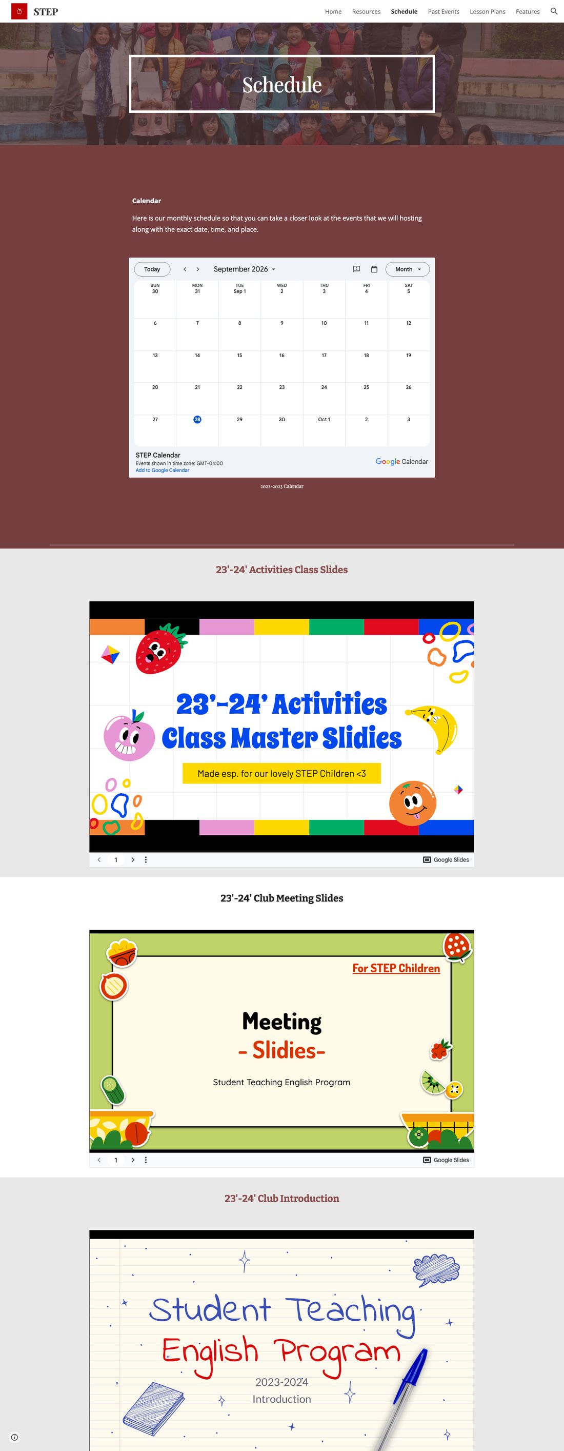 STEP website, Schedule page
