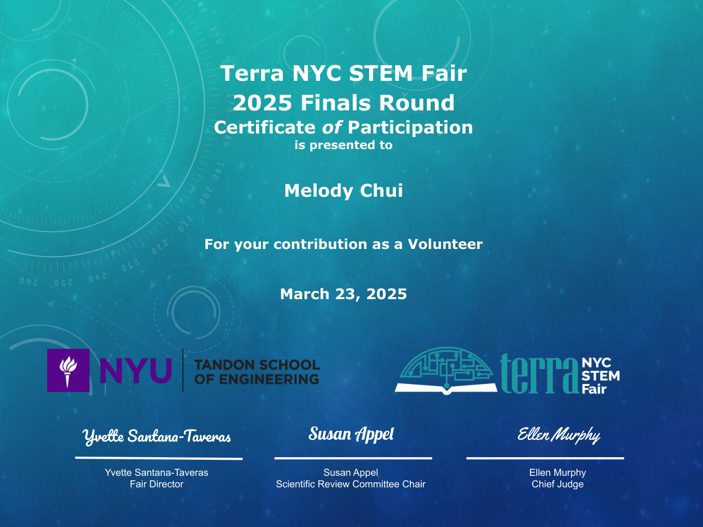 Terra NYC STEM Fair 2025 Finals Round Certificate of Participation
